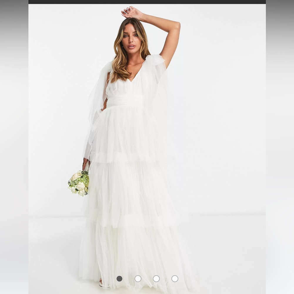 Lace & beads brand tulle wedding dress, tie shoulder, bow straps, tiered